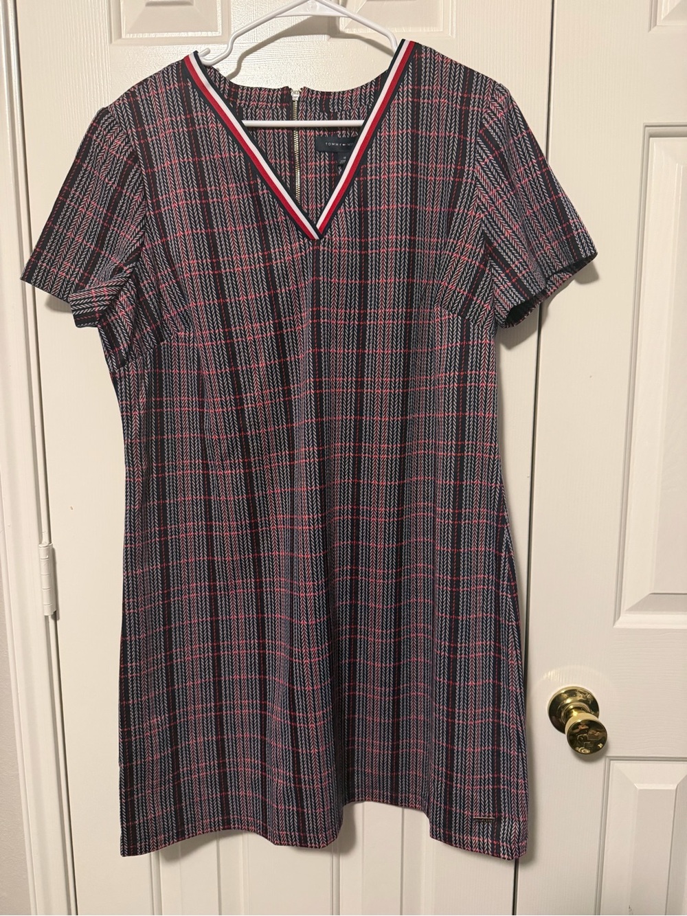 Tommy Hilfiger Navy Plaid V-Neck Dress with Red Trim